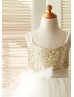 Thin Straps Gold Sequin Ivory Tulle Knee Length Flower Girl Dress With Tulle Sash